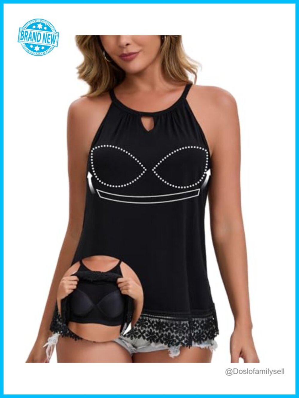Halter Tank Top Built-in Bra Padded Flowy Summer 96% Polyester